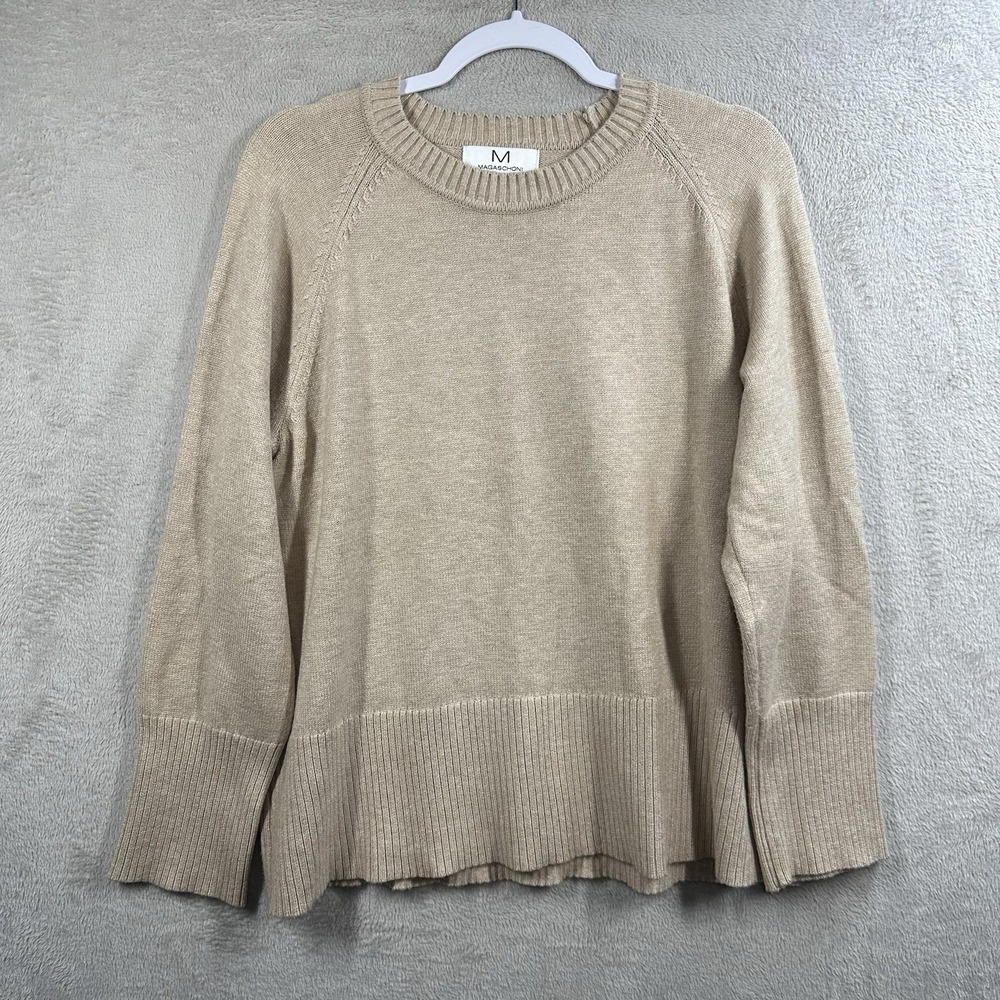 Magaschoni Neutral Beige Sweater Women's Size L Classic Capsule Ribbed Trim‎